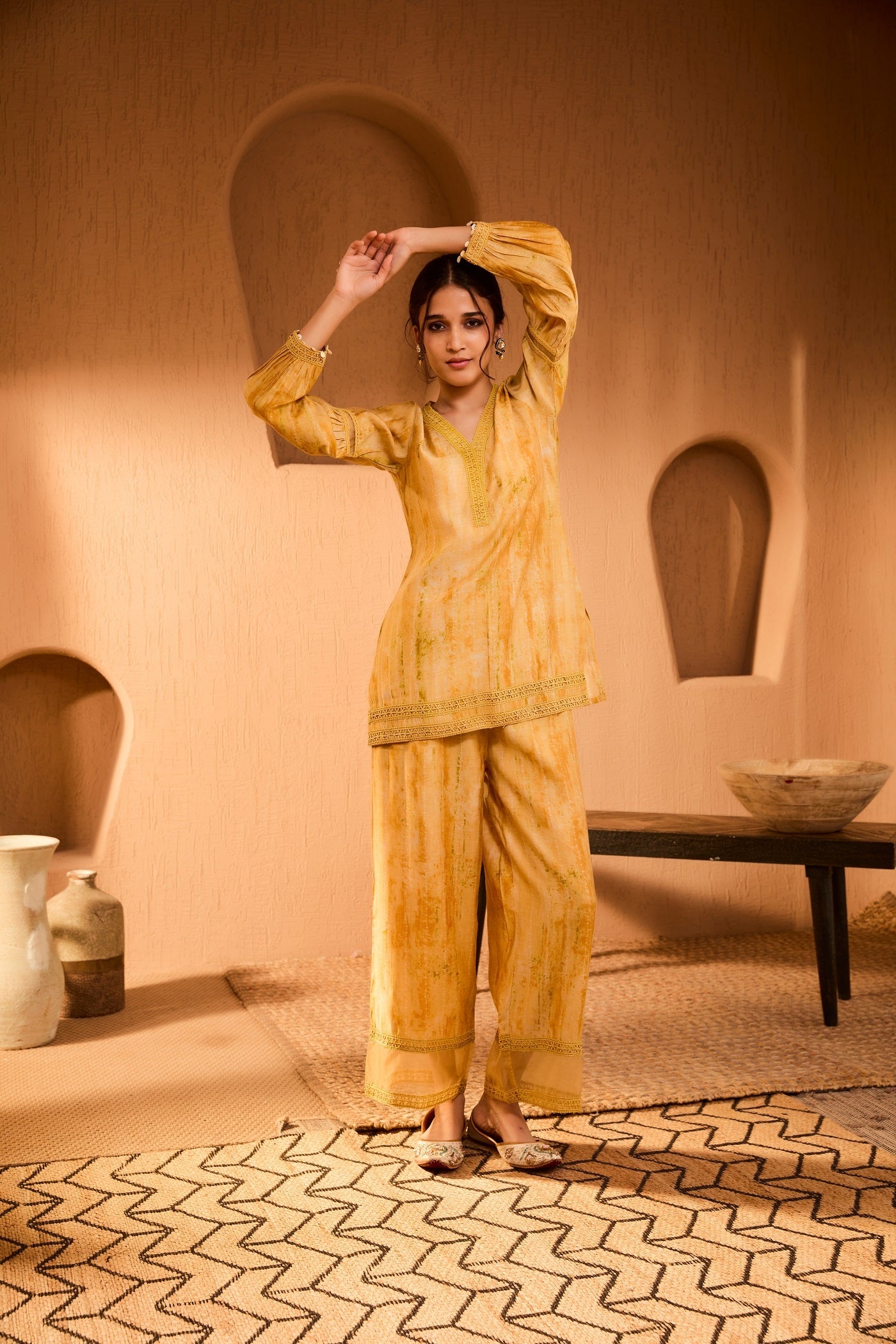 Bani Women Rust Elegance Embroidered Striped Co-Ord Set